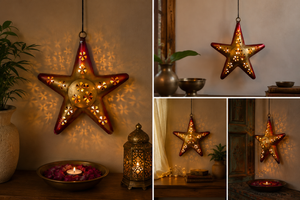 Metal Star Lantern Tealight Decorative Wall Hanging for Home Decor & Gifting (Antique, Golden)