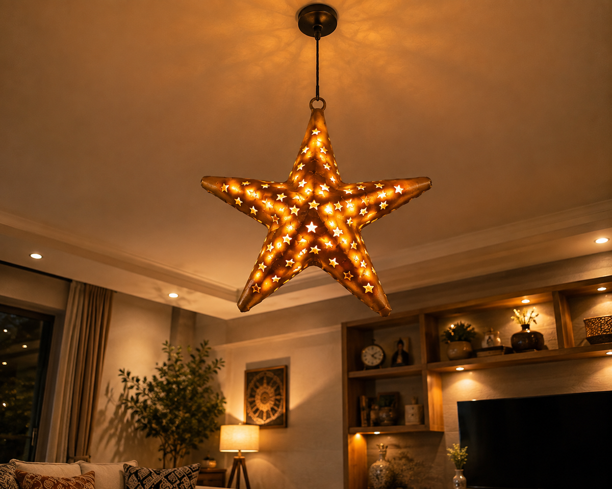 Metal Star Lantern Tealight Decorative Wall Hanging for Home Decor & Gifting (Antique, Golden)
