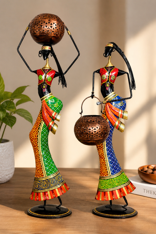Metal Decorative Emboss Tribal Ladies Figurines T-light Candle Holder (Set of 2)