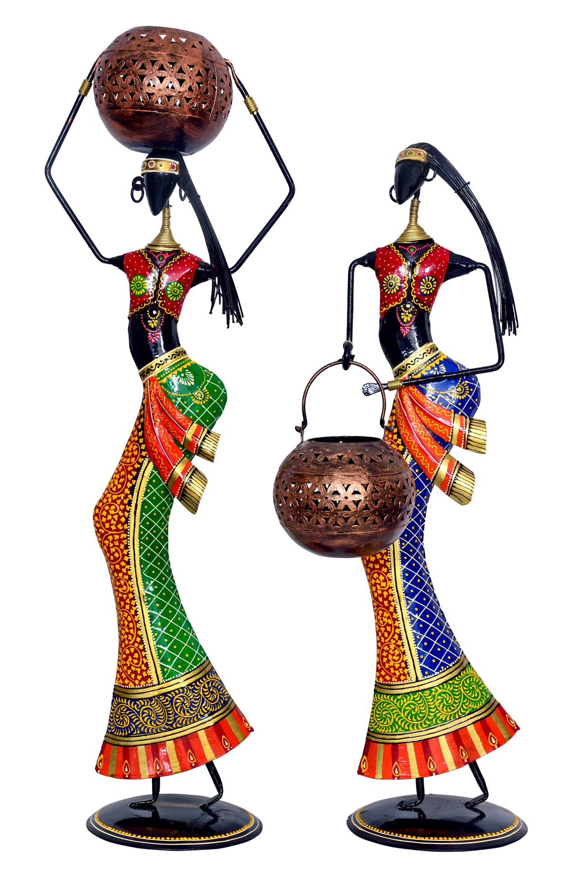 Metal Decorative Emboss Tribal Ladies Figurines T-light Candle Holder (Set of 2)