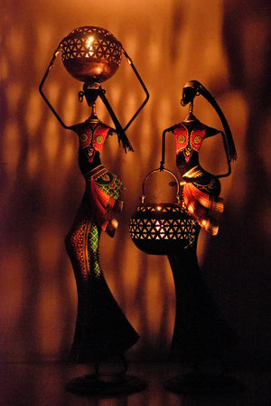 Metal Decorative Emboss Tribal Ladies Figurines T-light Candle Holder (Set of 2)