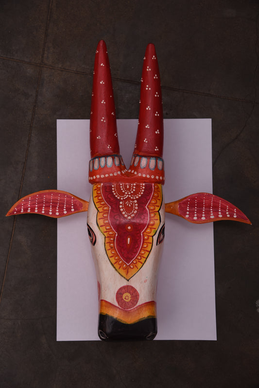 Hand-Painted Wooden Nandi Cow Head, Indian Wall Hanging
