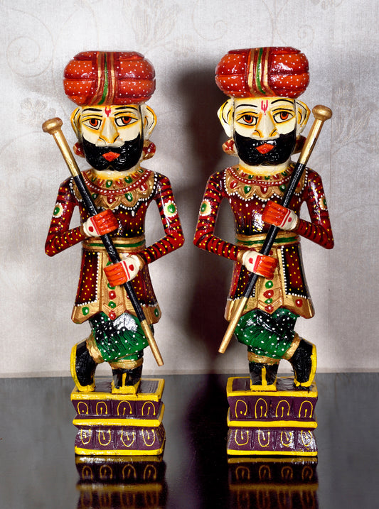 The Rajasthani Handpainted Wooden Chowkidar, Indian Watchmen Statue, Set of Two Darbaan, Indian Handicrafts