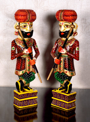 The Rajasthani Handpainted Wooden Chowkidar, Indian Watchmen Statue, Set of Two Darbaan, Indian Handicrafts