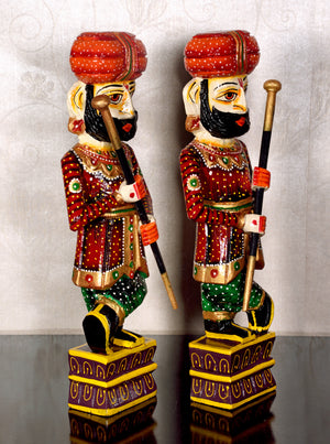 The Rajasthani Handpainted Wooden Chowkidar, Indian Watchmen Statue, Set of Two Darbaan, Indian Handicrafts