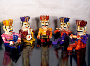 Wooden Musician Bawla Rajasthani Decor Set of 5, Men Playing Instruments