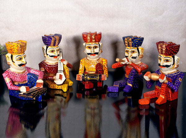 Wooden Musician Bawla Rajasthani Decor Set of 5, Men Playing Instruments