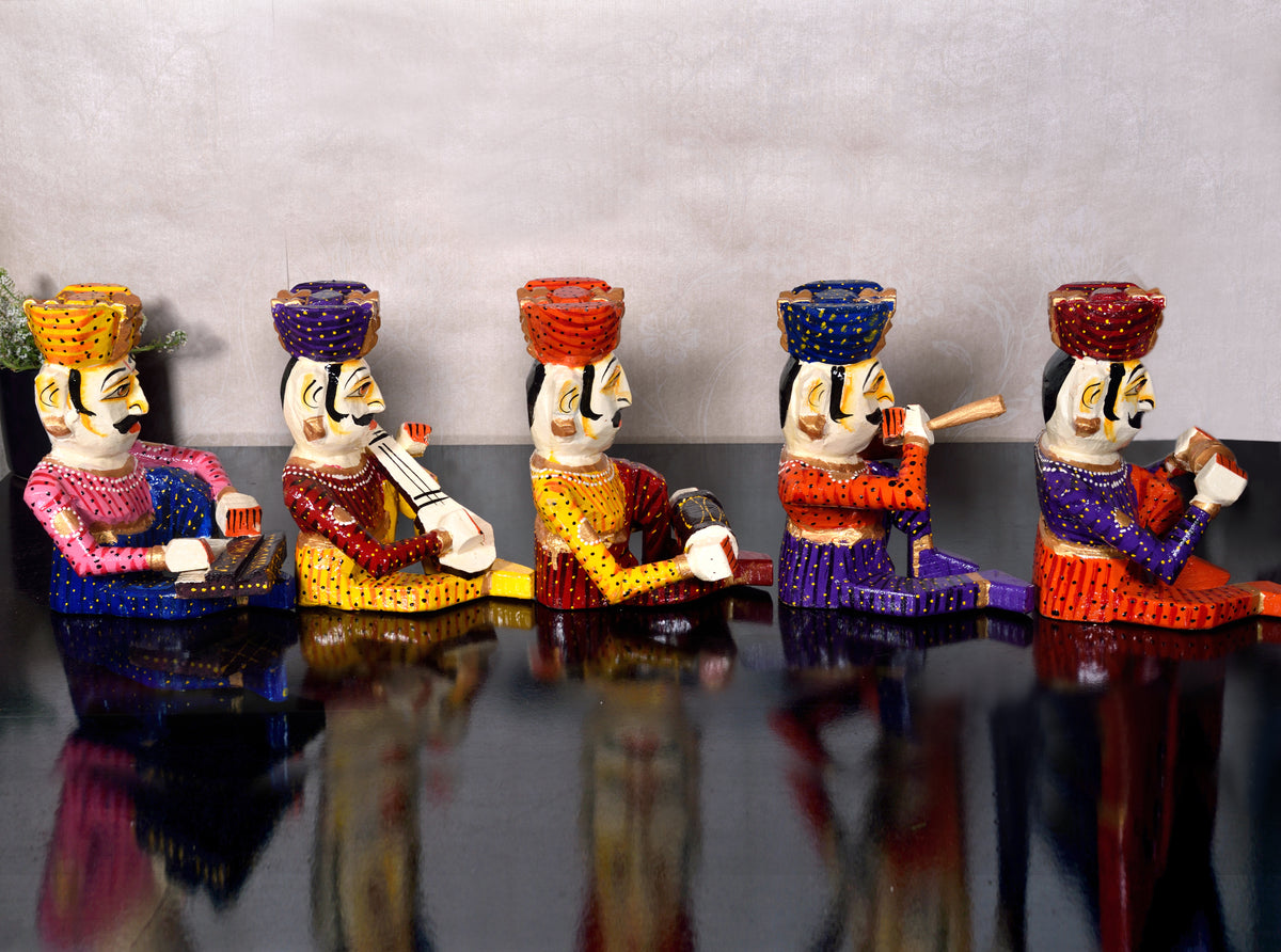 Wooden Musician Bawla Rajasthani Decor Set of 5, Men Playing Instruments