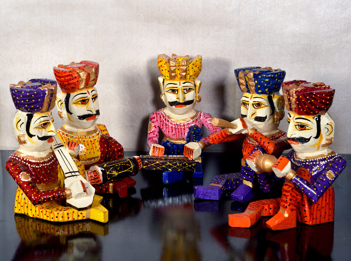 Wooden Musician Bawla Rajasthani Decor Set of 5, Men Playing Instruments