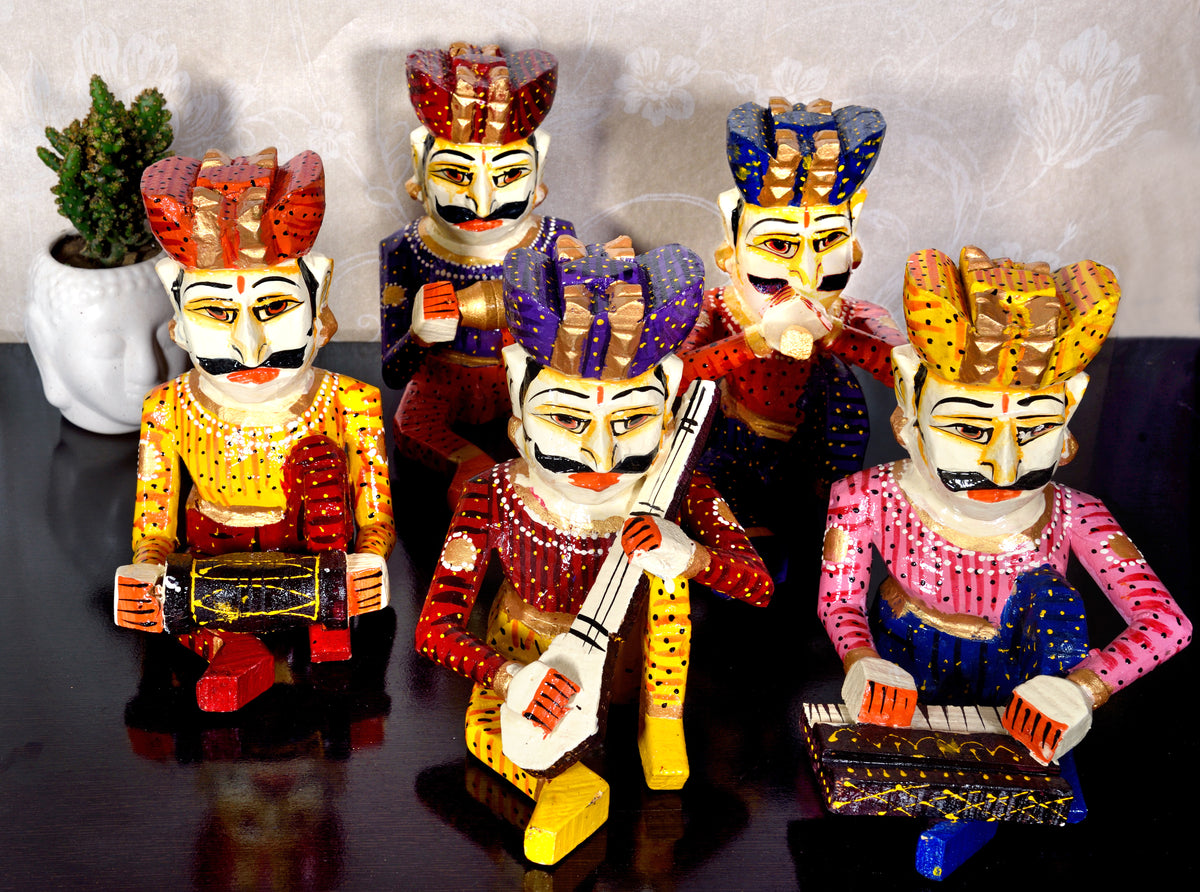 Wooden Musician Bawla Rajasthani Decor Set of 5, Men Playing Instruments
