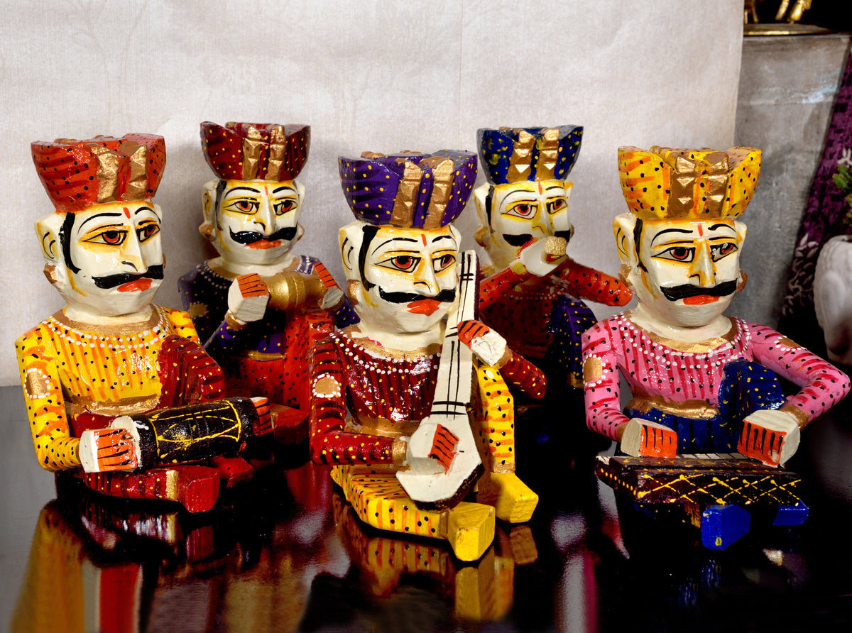 Wooden Musician Bawla Rajasthani Decor Set of 5, Men Playing Instruments