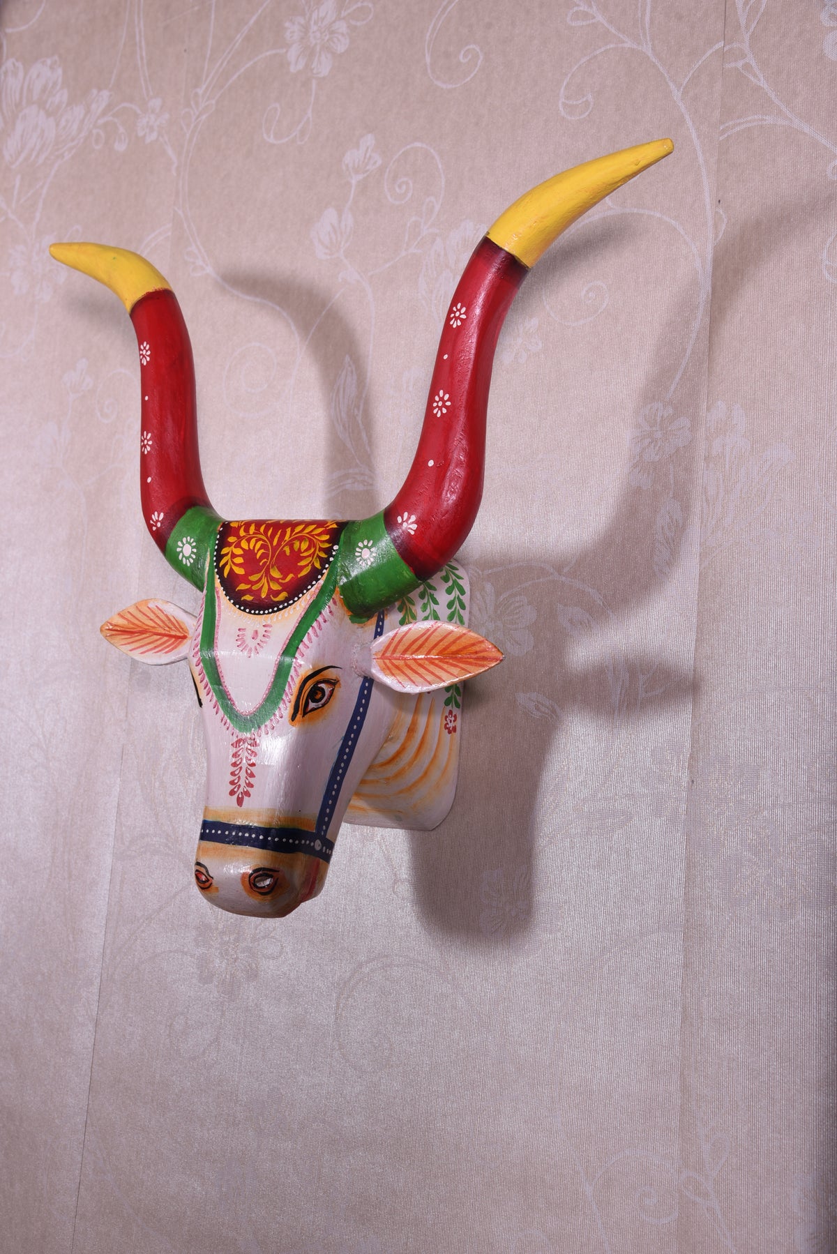 Hand-Painted Wooden Nandi Bull Head, Indian Wall Hanging Farmhouse Décor, Bull Head Wall Art