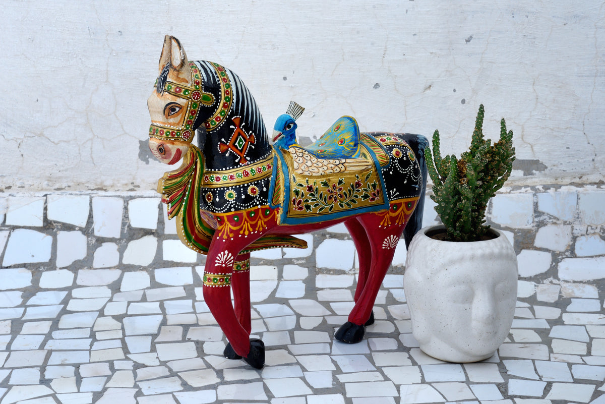 Hand-Painted Wooden Horse Statue, Indian Handicraft Sculpture