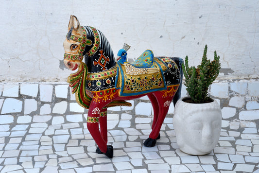 Hand-Painted Wooden Horse Statue, Indian Handicraft Sculpture