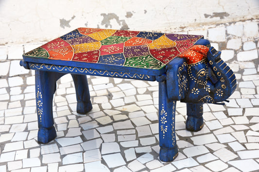 Indian Wooden Hand Painted Elephant Stool, Folk Art Table Accent, Wooden Chair