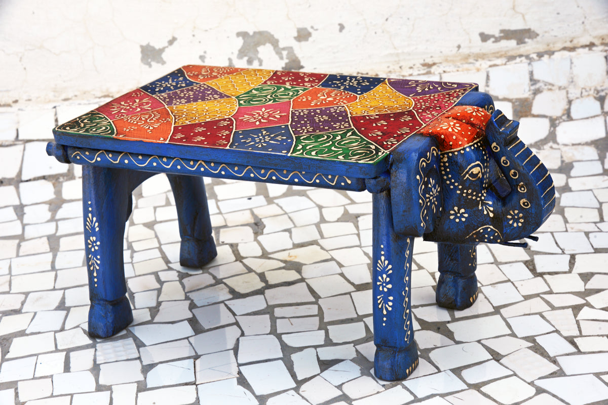 Indian Wooden Hand Painted Elephant Stool, Folk Art Table Accent, Wooden Chair