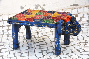 Indian Wooden Hand Painted Elephant Stool, Folk Art Table Accent, Wooden Chair