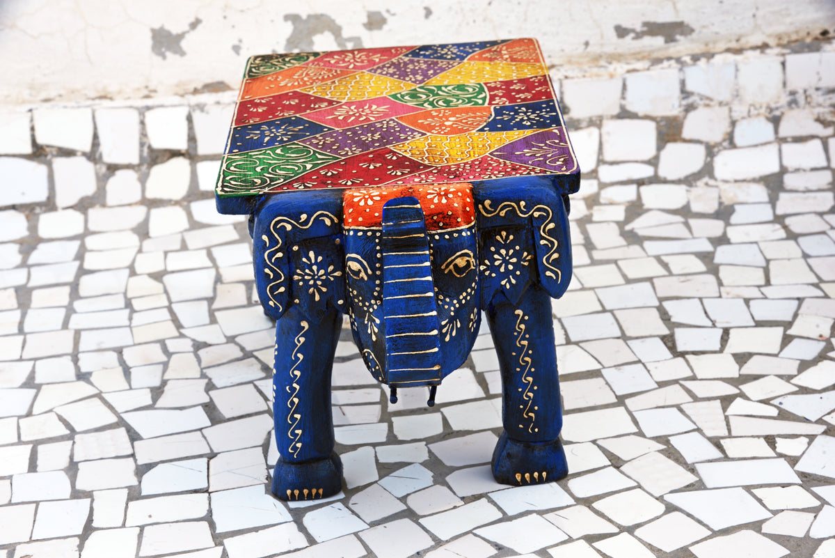 Indian Wooden Hand Painted Elephant Stool, Folk Art Table Accent, Wooden Chair