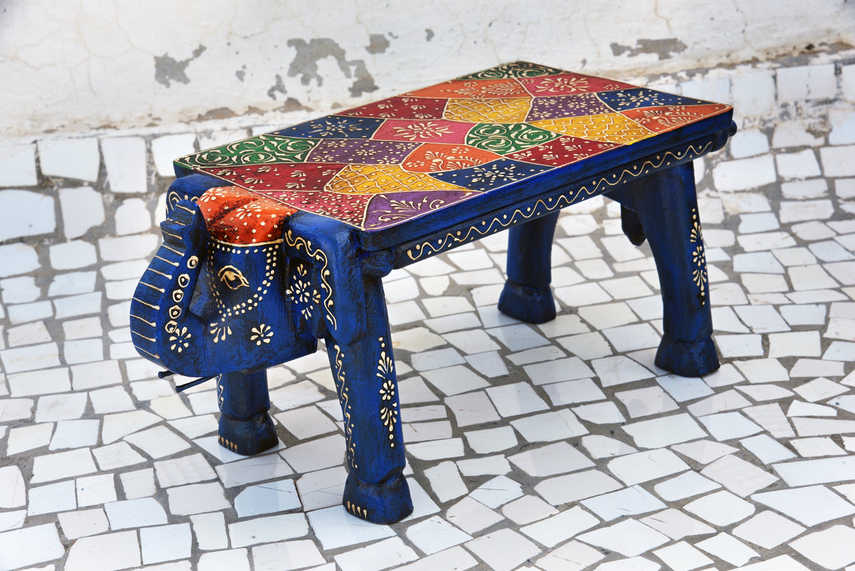 Indian Wooden Hand Painted Elephant Stool, Folk Art Table Accent, Wooden Chair