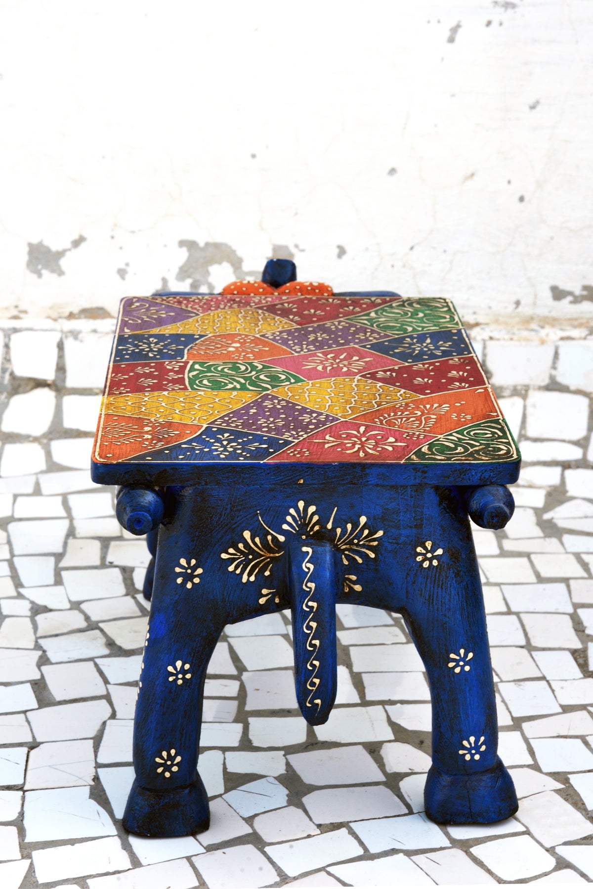 Indian Wooden Hand Painted Elephant Stool, Folk Art Table Accent, Wooden Chair