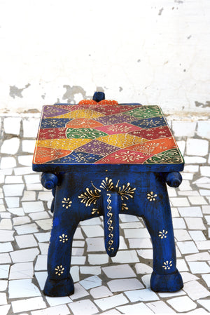 Indian Wooden Hand Painted Elephant Stool, Folk Art Table Accent, Wooden Chair