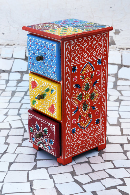 Boho Painted Wooden Chest, Three Drawers, Indian Handicrafts
