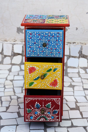 Boho Painted Wooden Chest, Three Drawers, Indian Handicrafts