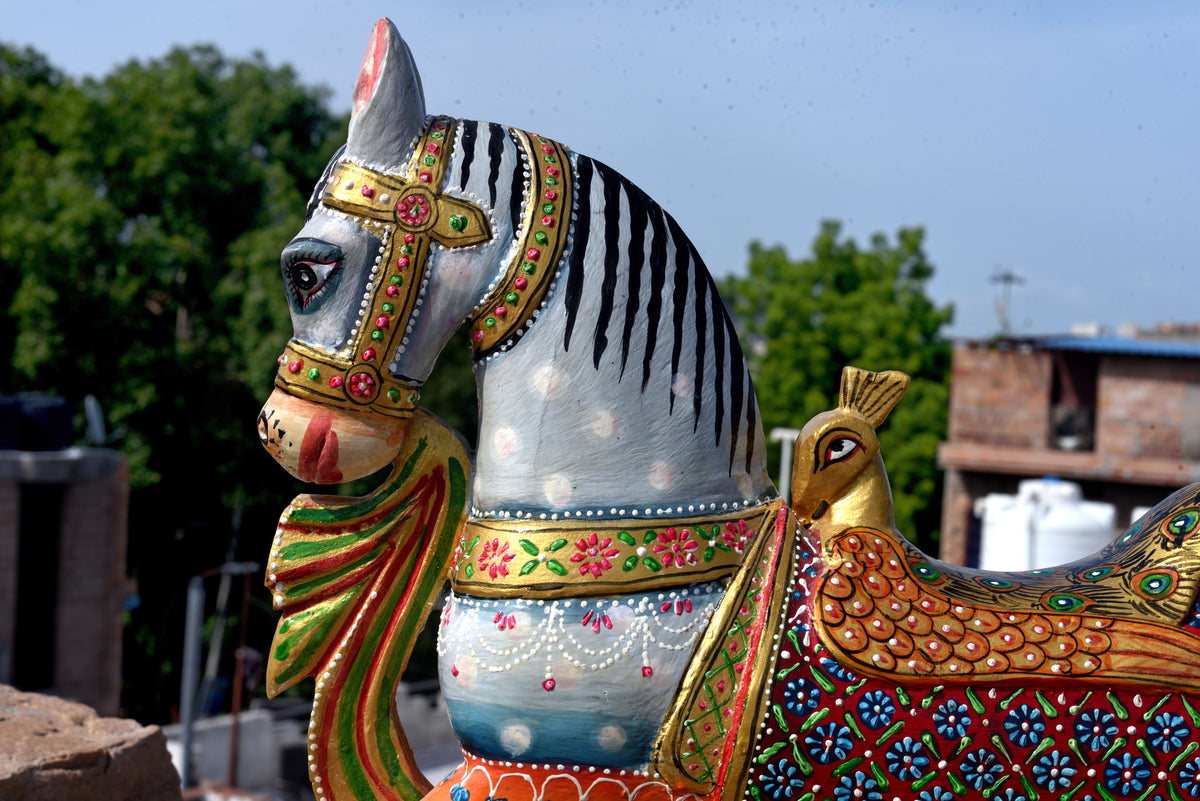 Wooden Handpainted Horse Statue, Indian Handicraft, Hand Carved Collectible Art Animal Sculpture, Home Decor Gift