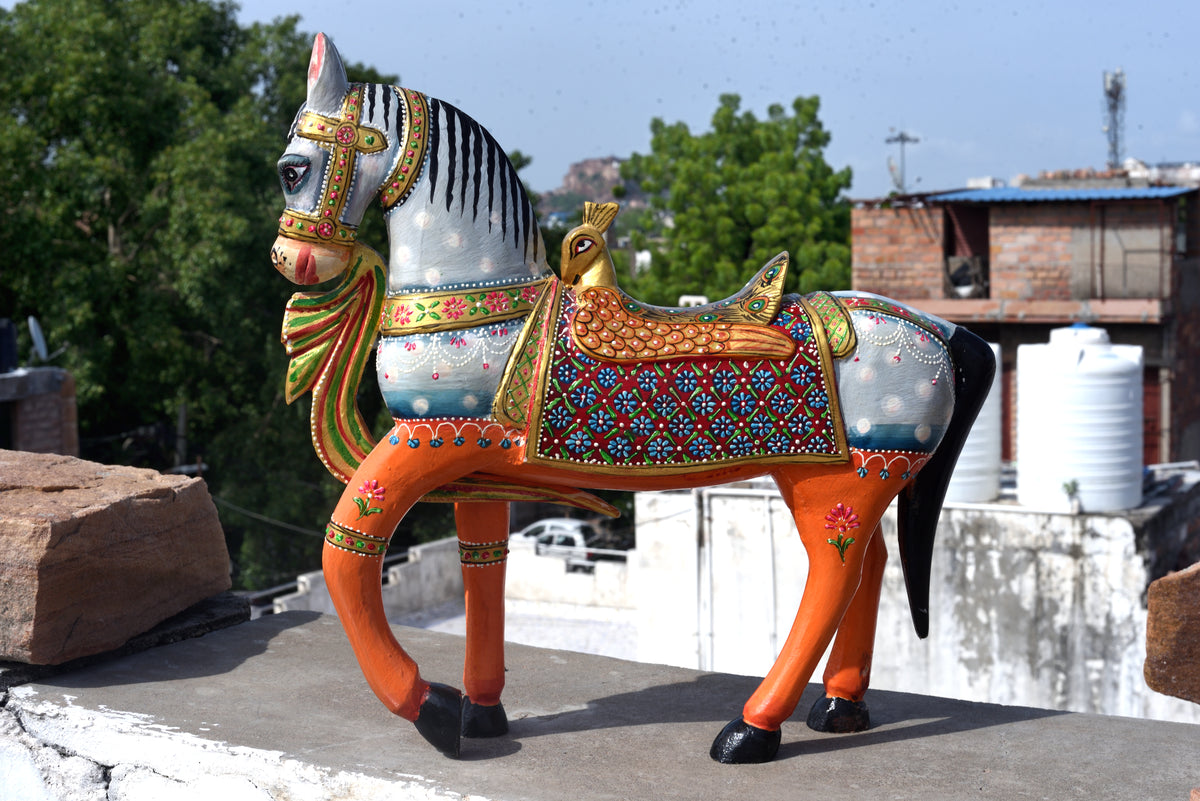 Wooden Handpainted Horse Statue, Indian Handicraft, Hand Carved Collectible Art Animal Sculpture, Home Decor Gift