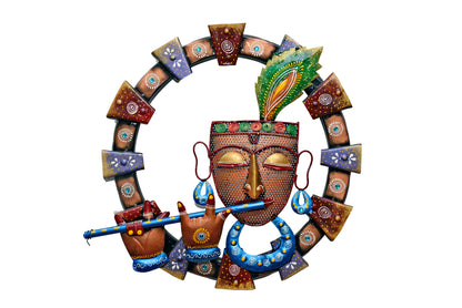 Metal Krishna Playing Flute Wall Hanging for Home Decor 19 Inch