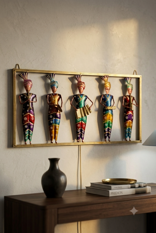 Traditional Wrought Iron Rajasthani Tribal Musicians Wall Hanging Showpiece (Multicolor)