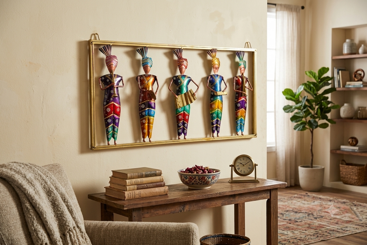 Traditional Wrought Iron Rajasthani Tribal Musicians Wall Hanging Showpiece (Multicolor)