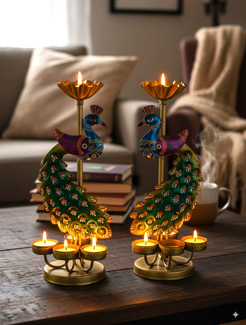 Metal Peacock Tealight Candle Holder for Home Decor & Festive Gifting Tealight Holder Set
