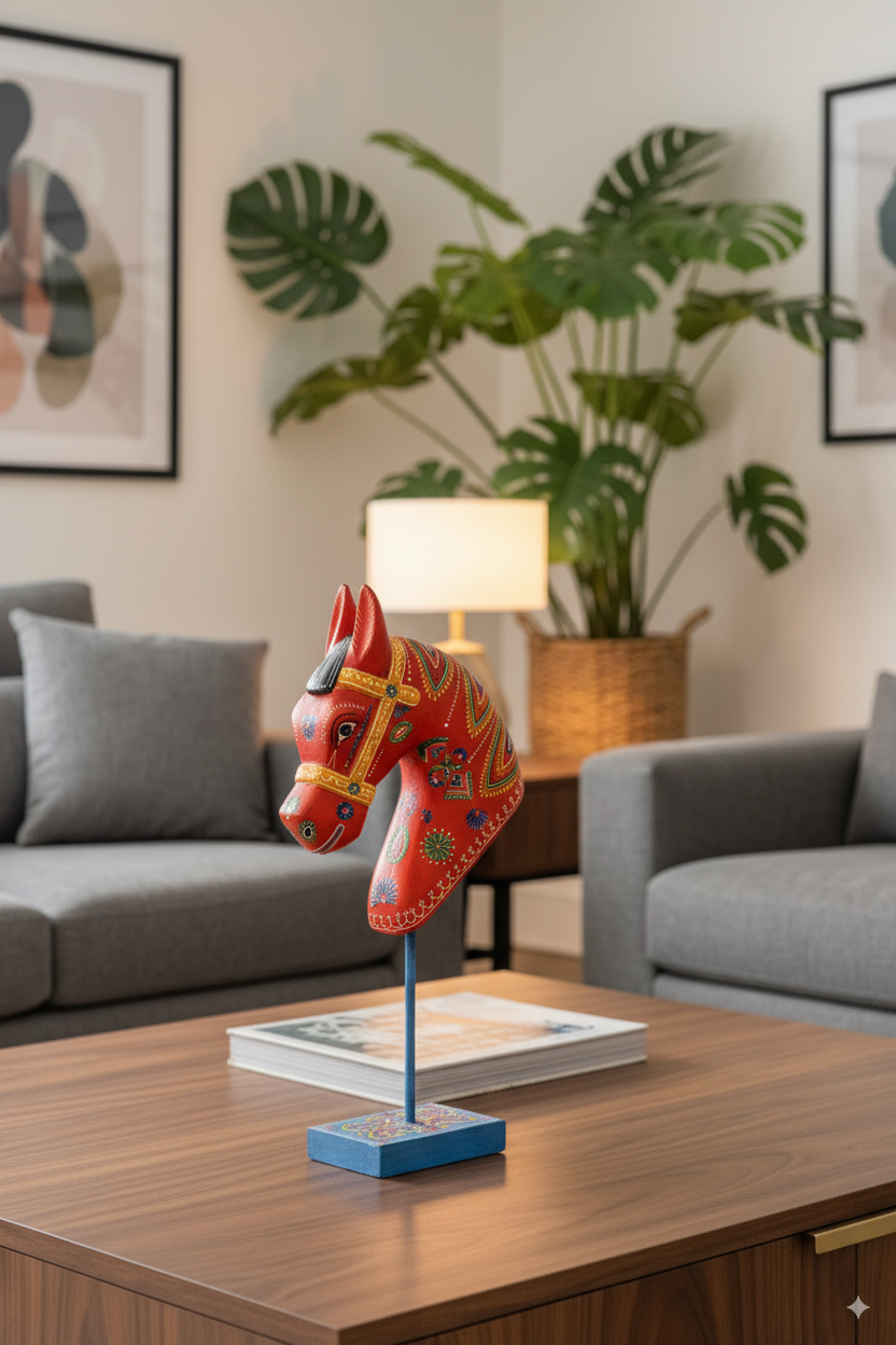 Handcraft Wooden Horse Head Statue, Indian Art Sculpture, Housewarming Gift, Horse Figurine