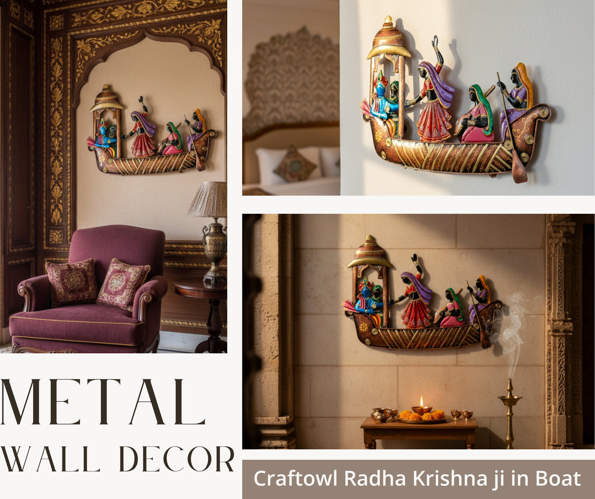 Metal Radha Krishna on Musician Ship Wrought Wall Hanging Home Decor & Office