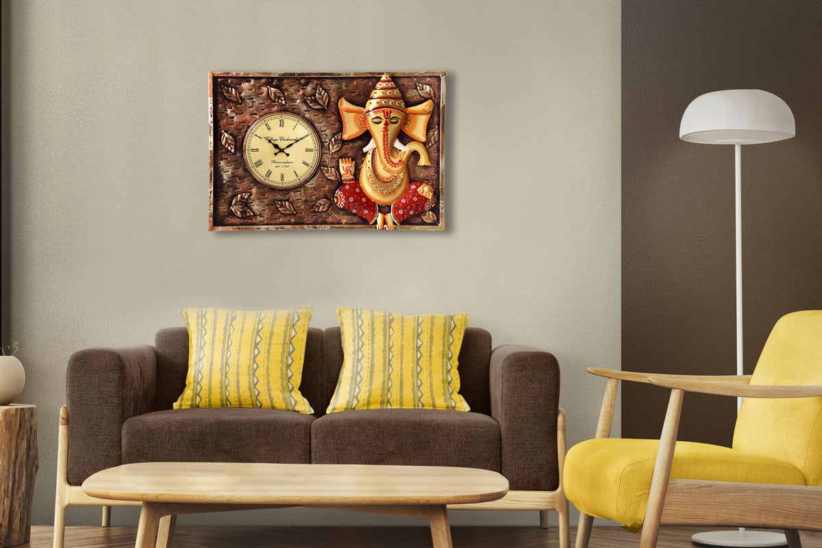 Lord Ganesha Idol with Clock Metal Wall Hanging for Home Decor