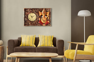 Lord Ganesha Idol with Clock Metal Wall Hanging for Home Decor
