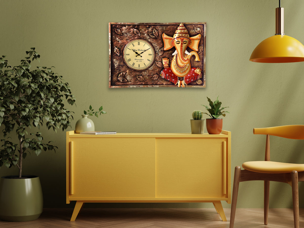 Lord Ganesha Idol with Clock Metal Wall Hanging for Home Decor