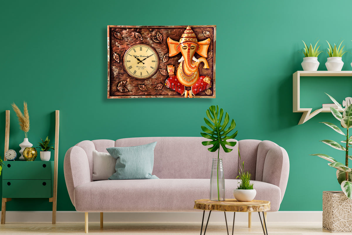Lord Ganesha Idol with Clock Metal Wall Hanging for Home Decor
