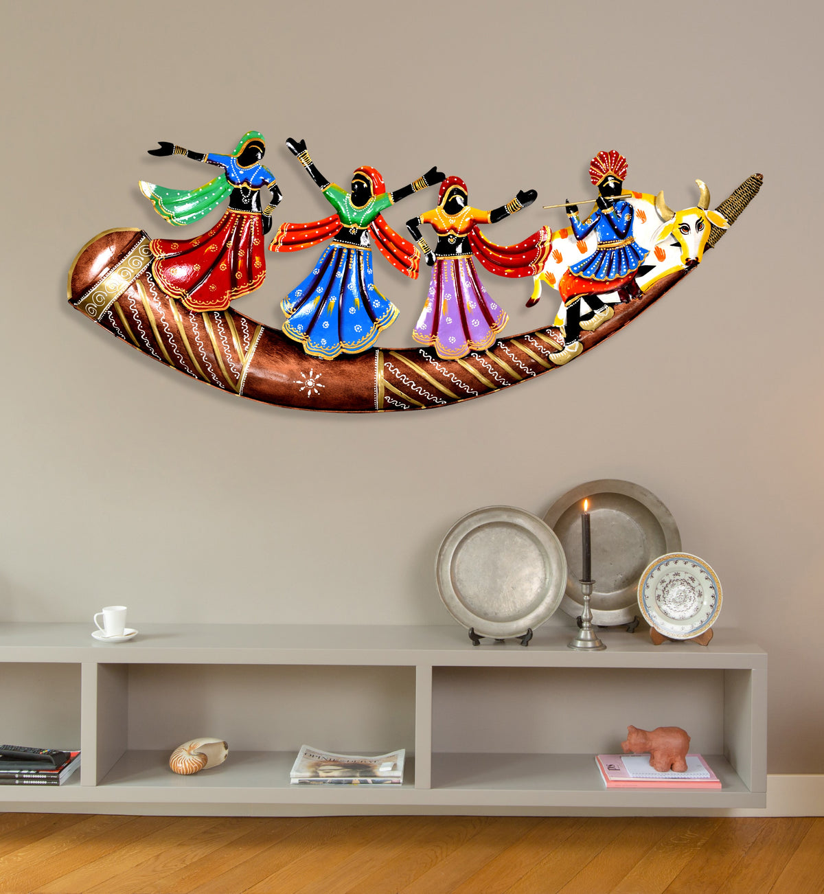 Metal Radha Krishna Cow Wall Decor for Living Room & Bedroom