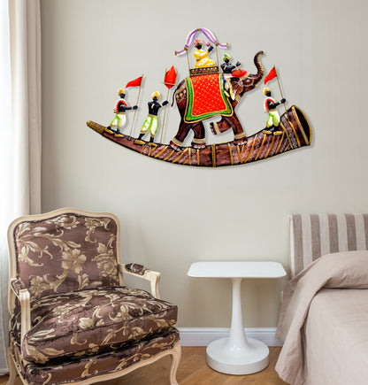 Craftowl Elephant Baarat Wall Hanging Large Metal Emboss Painting Rajasthani Wall Decor Handmade Indian Home Decor Wedding Gift, 32x20 Inch