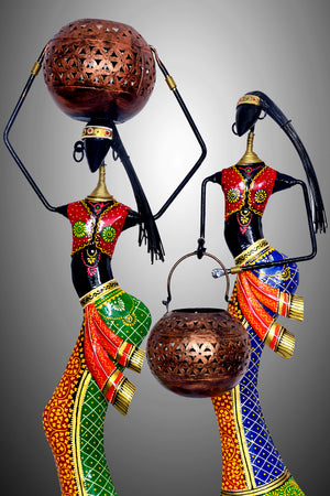 Metal Decorative Emboss Tribal Ladies Figurines T-light Candle Holder (Set of 2)